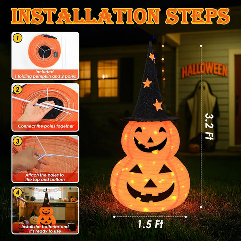 3FT Pumpkin Halloween Decorations Outdoor, 8 Modes Battery Operated Pumpkin Decorations, Collapsible Jack-o-Lantern Halloween Lights for Home, Party, Yard, Porch Thanksgiving Fall Decorations