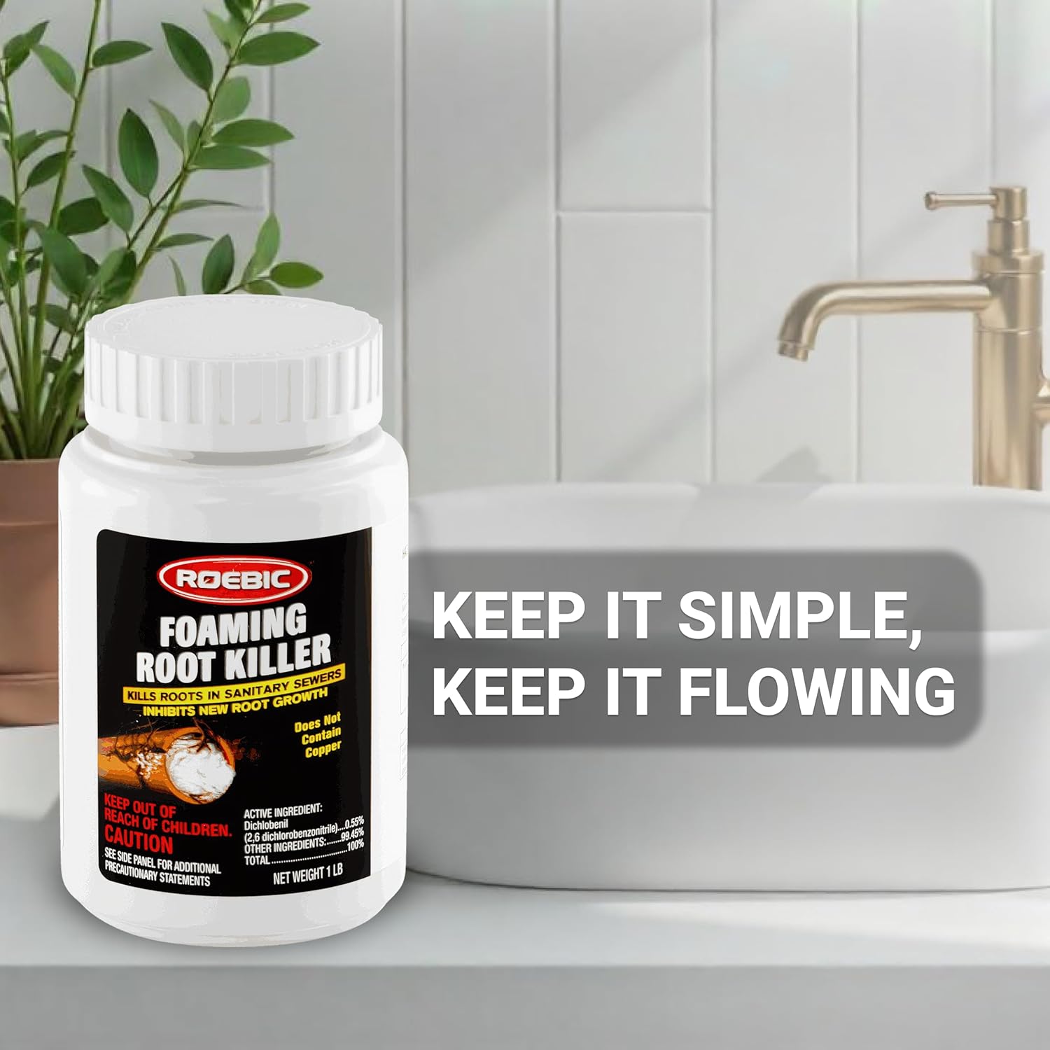 Roebic FRK Foaming Tree Root Killer, Chemical Septic System, Drain Field and Sewer Line Pipe Clog Remover and Root Destroyer, Safe for Bathroom Toilet, White Granules, 1 lb
