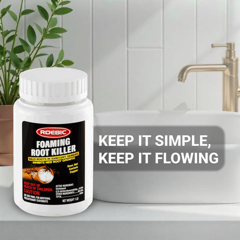Roebic FRK Foaming Tree Root Killer, Chemical Septic System, Drain Field and Sewer Line Pipe Clog Remover and Root Destroyer, Safe for Bathroom Toilet, White Granules, 1 lb