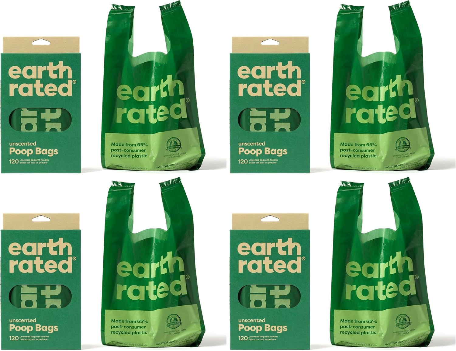 Earth Rated Dog Poop Bags with Handles, Extra Wide, Easy Tie and Guaranteed Leakproof, Unscented, 120 Handle Bags (Pack of 4)