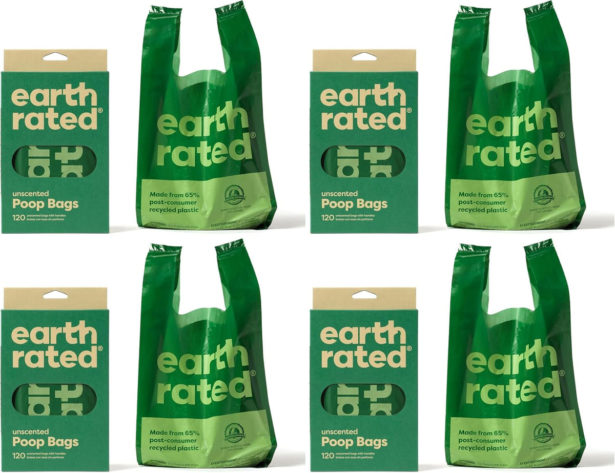 Earth Rated Dog Poop Bags with Handles, Extra Wide, Easy Tie and Guaranteed Leakproof, Unscented, 120 Handle Bags (Pack of 4)