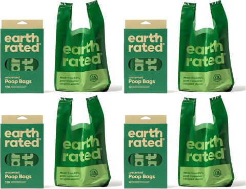 Earth Rated Dog Poop Bags with Handles, Extra Wide, Easy Tie and Guaranteed Leakproof, Unscented, 120 Handle Bags (Pack of 4)
