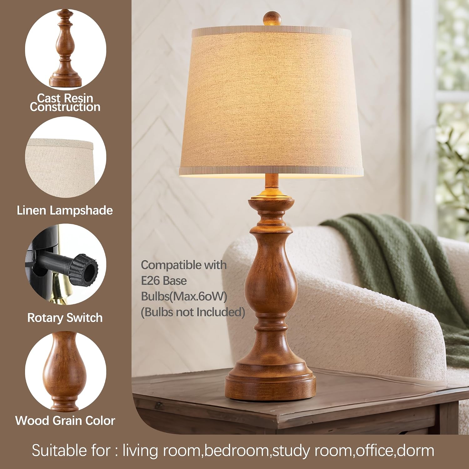 PARTPHONER Traditional Table Lamp Set of 2, Rustic Farmhouse Table Lamps for Living Room Bedroom, 27" Bedside Desk Lamps Vintage Nightstand Lamps with Linen Shades, Wood Grain