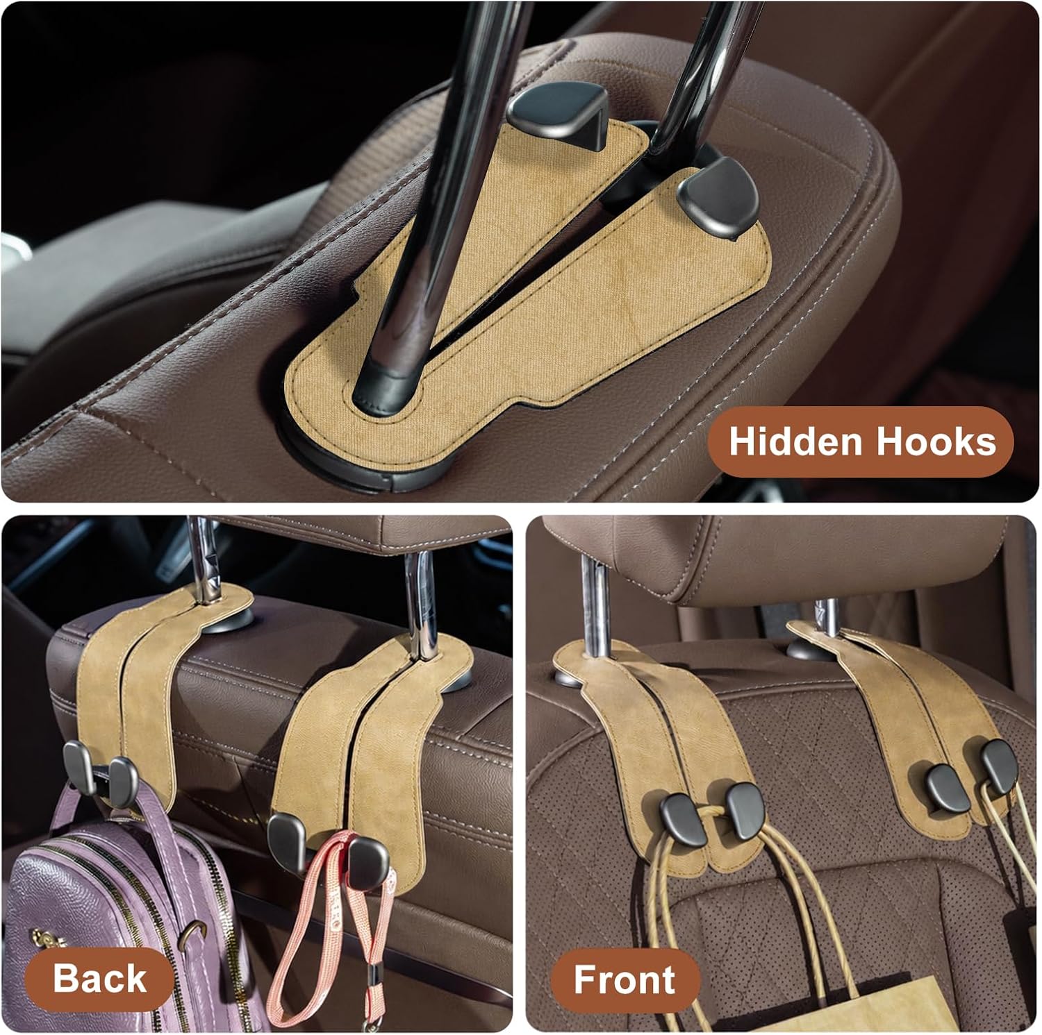 CoBak Purse Hook for Car - Universal Premium Stitched Leather and Aluminum-Magnesium Alloy Double Car Seat Back Storage Hook for Purses, Handbags, Bags (2 Pack),Linen