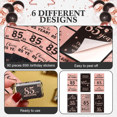 Tenare 90 Pcs 85th Birthday Candy Wrappers, Pink Stickers