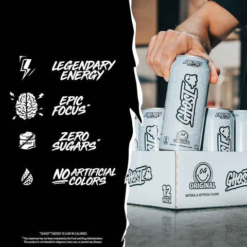 GHOST Energy Drink, Zero Sugars, 12-Pack, Original - 200MG Caffeine, 16oz