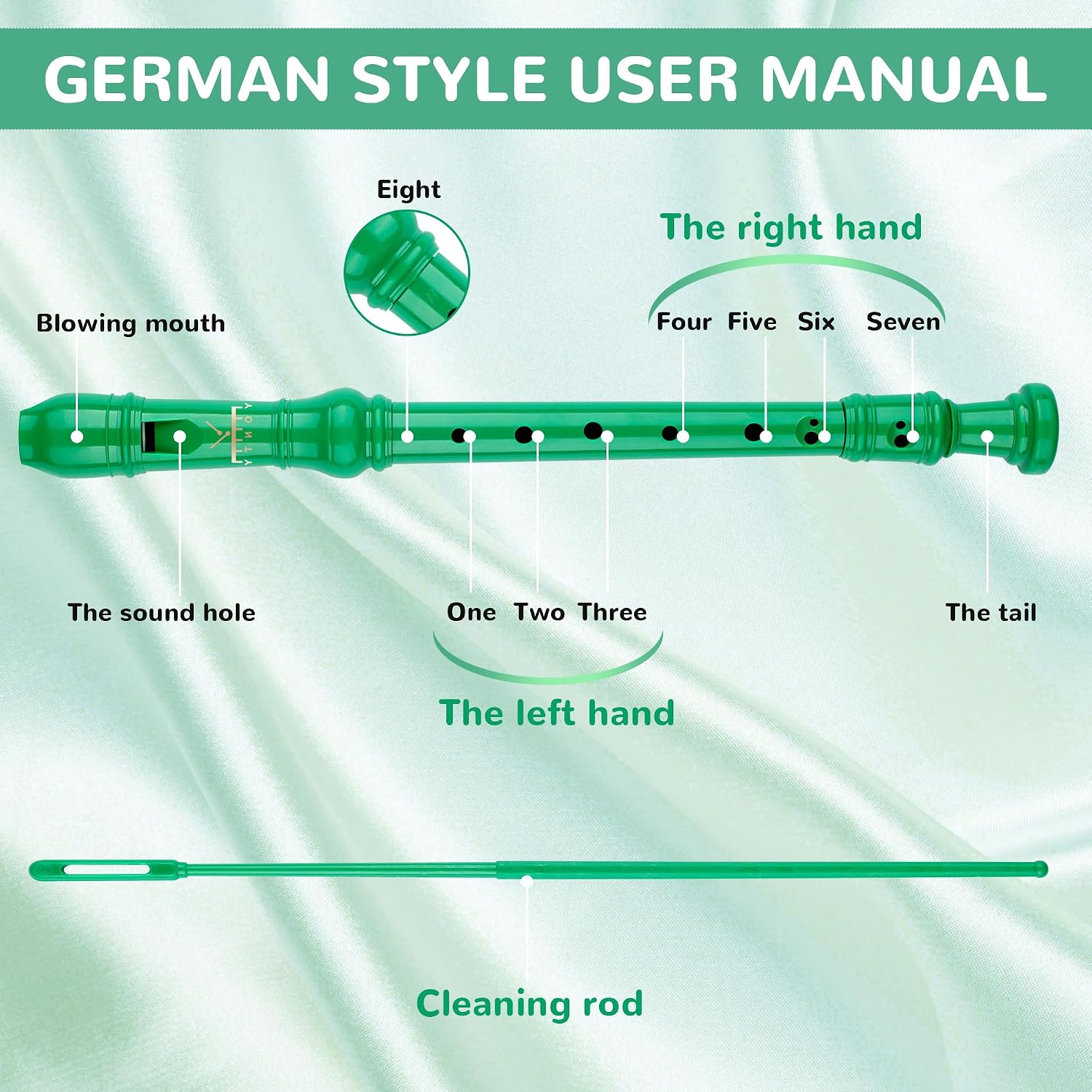 Soprano Recorder Instrument for Kids Students 8-Hole Flute Baroque Fingering with Cleaning Rod for School Beginners, Green Standard