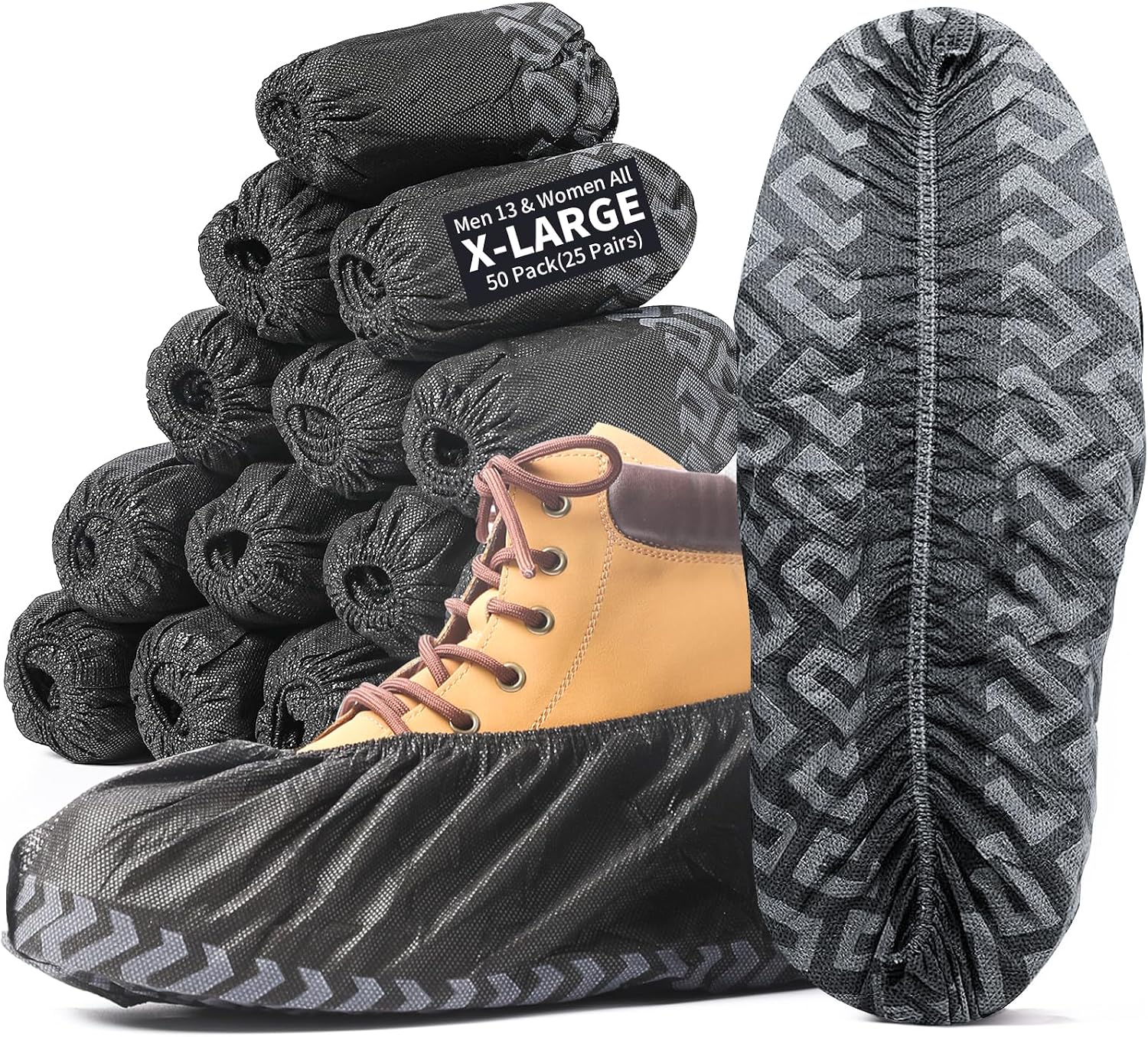 X-Large Shoe Covers Disposable Non-Slip, Non-Woven Fabric Boot Covers, Stretchable Fits Up to Size 13 US Men (Black, 50 Pack)