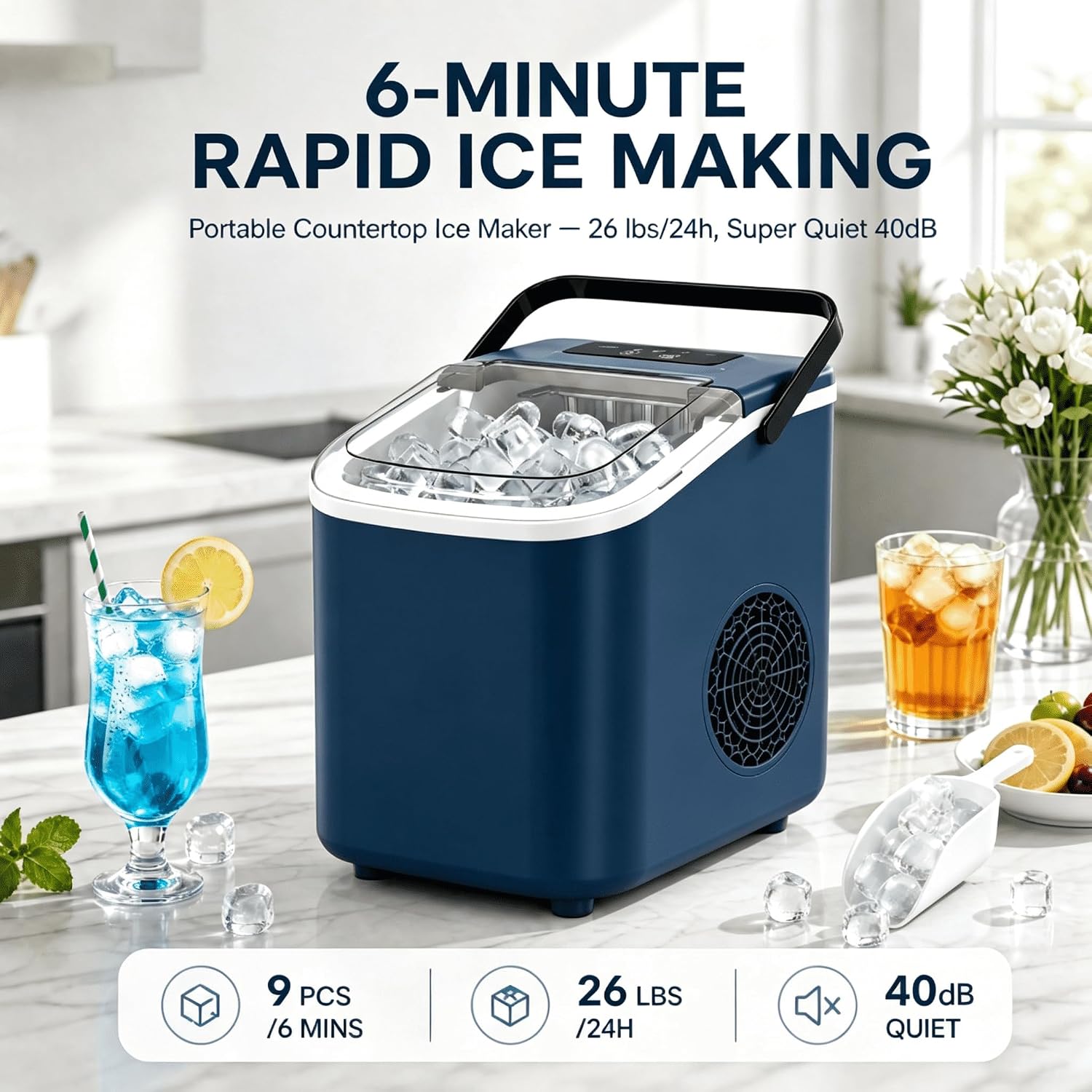 Portable Countertop Ice Maker, 22Lbs/24h, 6 Min Bullet Ice, 2 Ice Sizes, 40dB Quiet & Self‑Cleaning for Home RV Camping