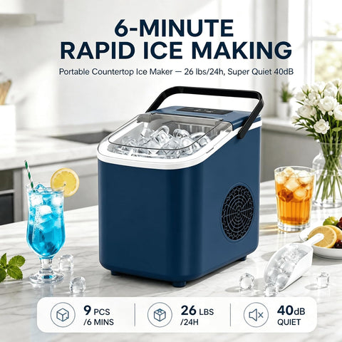 Portable Countertop Ice Maker, 22Lbs/24h, 6 Min Bullet Ice, 2 Ice Sizes, 40dB Quiet & Self‑Cleaning for Home RV Camping