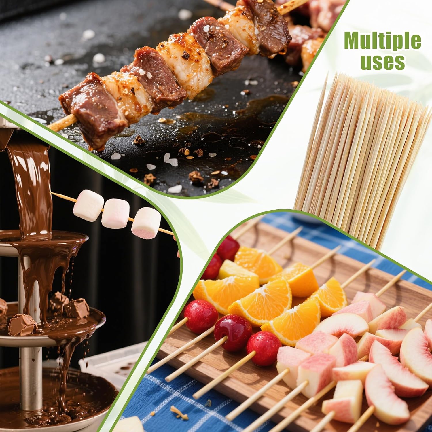 200PCS 8 inch Bamboo Skewers for BBQ,Appetizer,Fruit,Cocktail,Kabob,Chocolate Fountain,Grilling,Kitchen, Crafting and Party. More Size Choices 6"/8"/10"/12"/36"