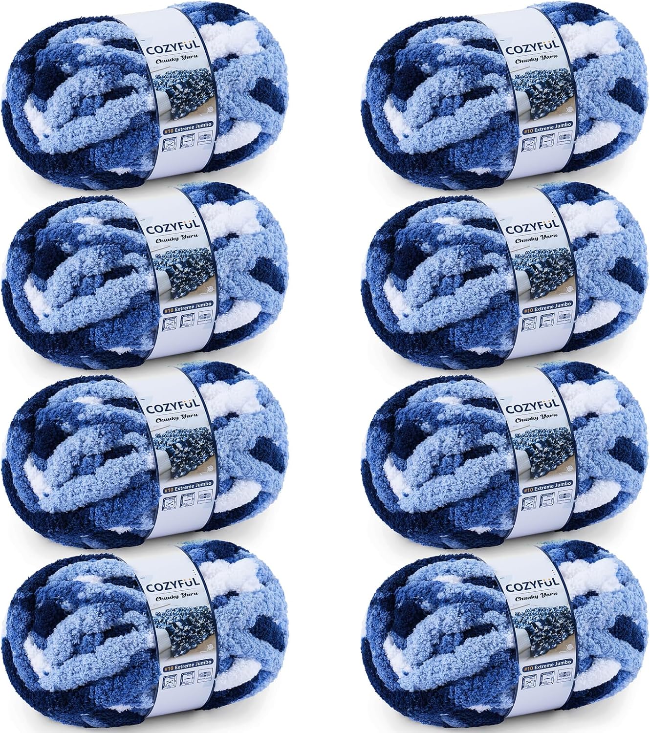 Cozyful Chunky Yarn for Hand Knitting - #10 Chunky Chenille Blanket Yarn, Jumbo Big Thick Chunky Yarns for Crocheting, Tie Dye Bulky Knit Yarns, 8 Skein (20 yds 8 oz Each Skein), Multi Blue & White