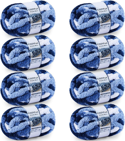 Cozyful Chunky Yarn for Hand Knitting - #10 Chunky Chenille Blanket Yarn, Jumbo Big Thick Chunky Yarns for Crocheting, Tie Dye Bulky Knit Yarns, 8 Skein (20 yds 8 oz Each Skein), Multi Blue & White