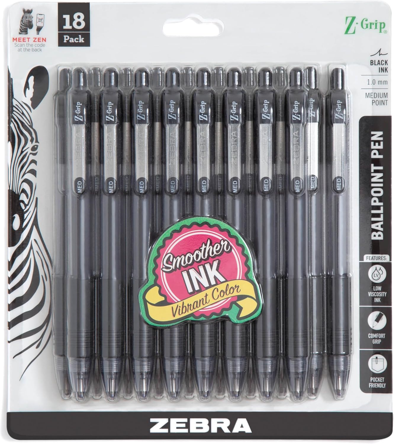 Zebra Pen Z-Grip Retractable Ballpoint Pen, Black Ink, 1.0mm, 18-Pack