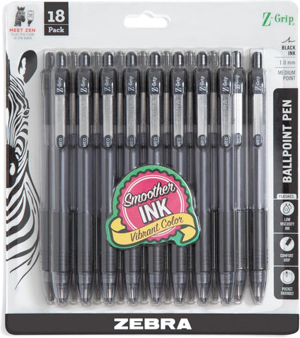Zebra Pen Z-Grip Retractable Ballpoint Pen, Black Ink, 1.0mm, 18-Pack
