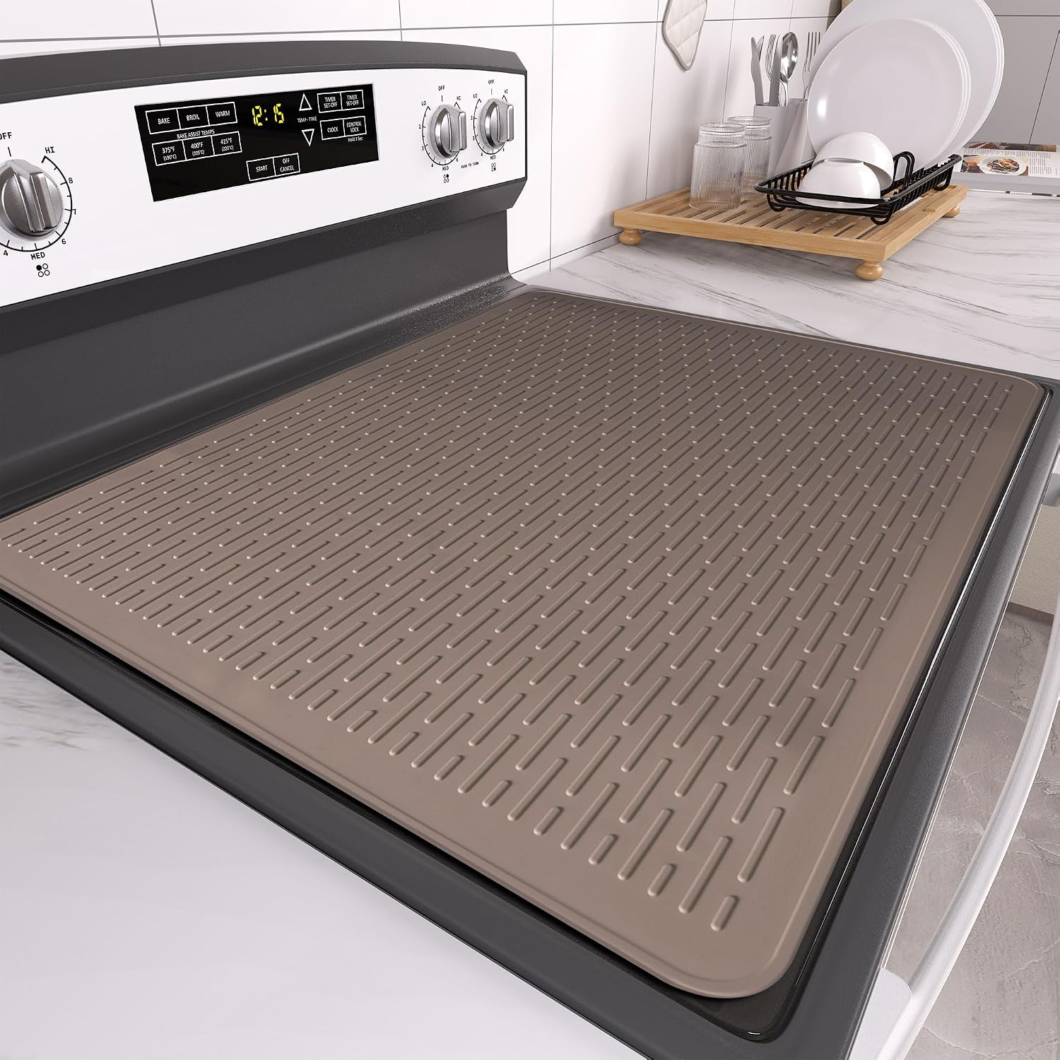 Stove Top Cover for Electric Stove- Range Covers for Electric Stove,Silicone XXL Dish Drying Mat, Glass Cooktop Covers, Flat RV Range top Mats (Coffee Thickened, 30"x21")