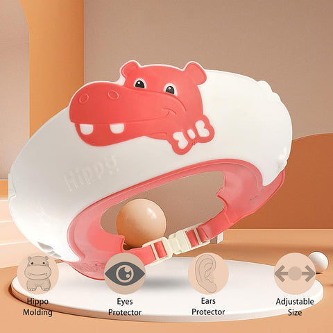 Baby Shower Cap Shield, Shower Cap for Kids, Visor Hat for Eye and Ear Protection for 0-9 Years Old Children,Cute Dinosaur/Crocodile/Hippo shape Makes the Baby Bath More Fun (Hippo, Red)