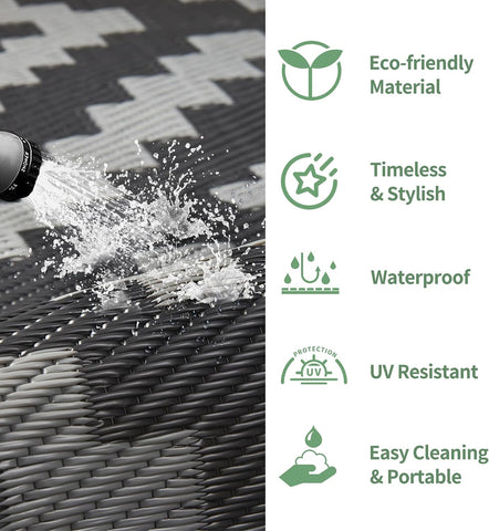 GENIMO Outdoor Rug, Waterproof Plastic Rugs for Patio, 5'x8' Black Grey