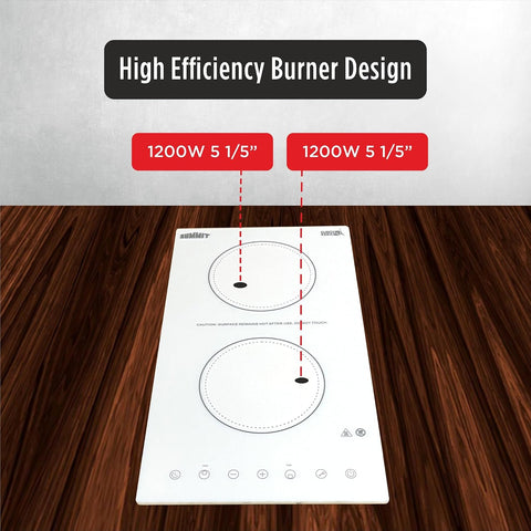 Summit Appliance CR2B15T2WTK15 115V 2-Burner Radiant Cooktop in White Ceramic Glass Surface with Digital Touch Controls & Stainless Steel Frame to Allow Installation in 15" Wide Counter Cutouts