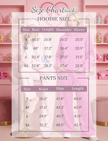Livtany Women's 2 Piece Outfits Bow Trim Print Hoodie Sweatsuit Sets Oversized Sweatshirt Wide Leg Sweatpants With Pockets