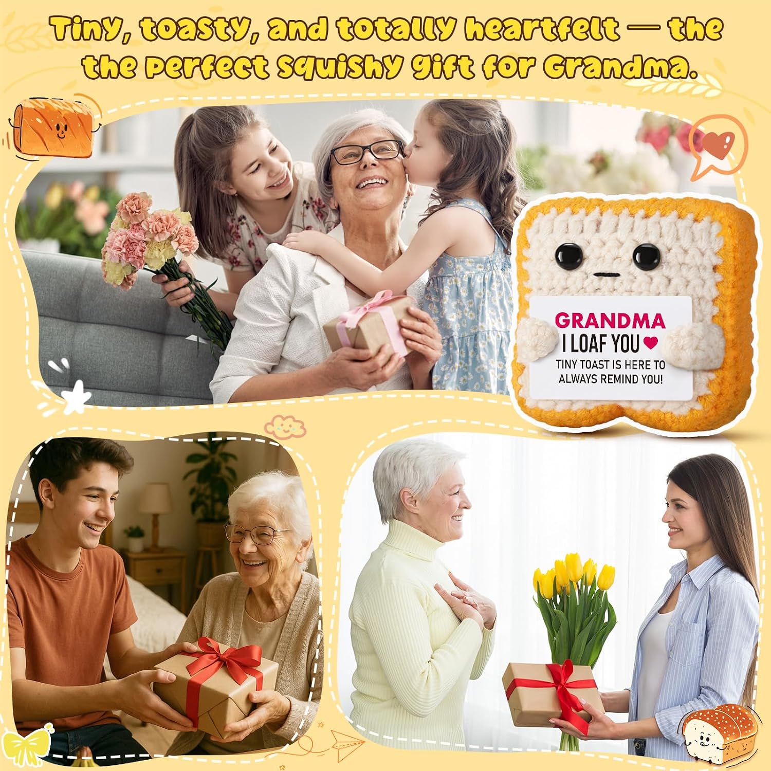 Gifts for Grandma from Granddaughter, Grandson - Funny "I Loaf You" Crochet Toast - Unique Mothers Day, Birthday, Christmas Gift for Grandma, Nana, Gigi - Cute Keepsake & Décor