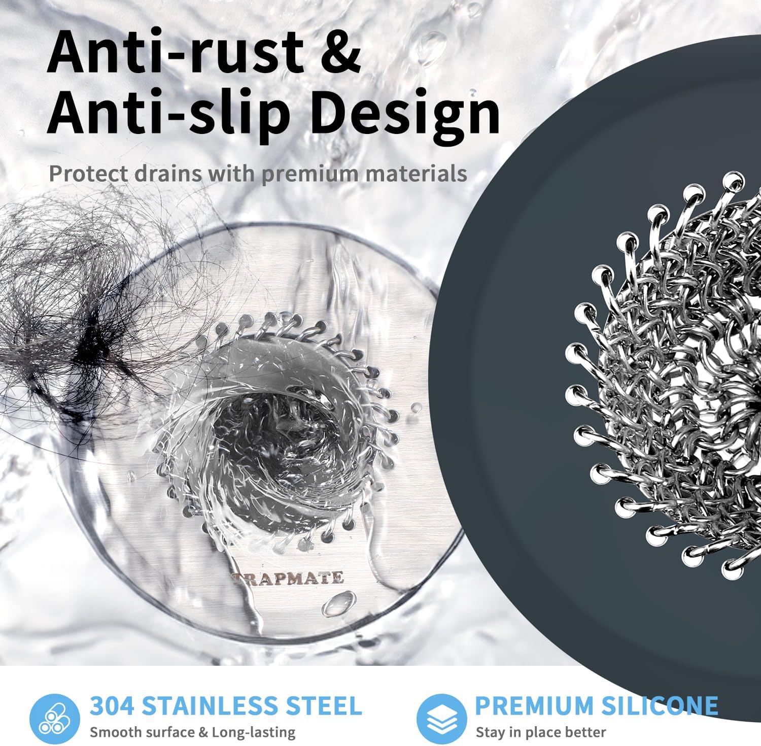 TRAPMATE Bathtub Stopper Drain Strainer Kit, Easy Clean Tub Shower Drain Hair Catcher, Anti-Clog Stainless Steel Sink Cover, Drain Protector for Bathroom Sink & Wash Basin (Patented Product)
