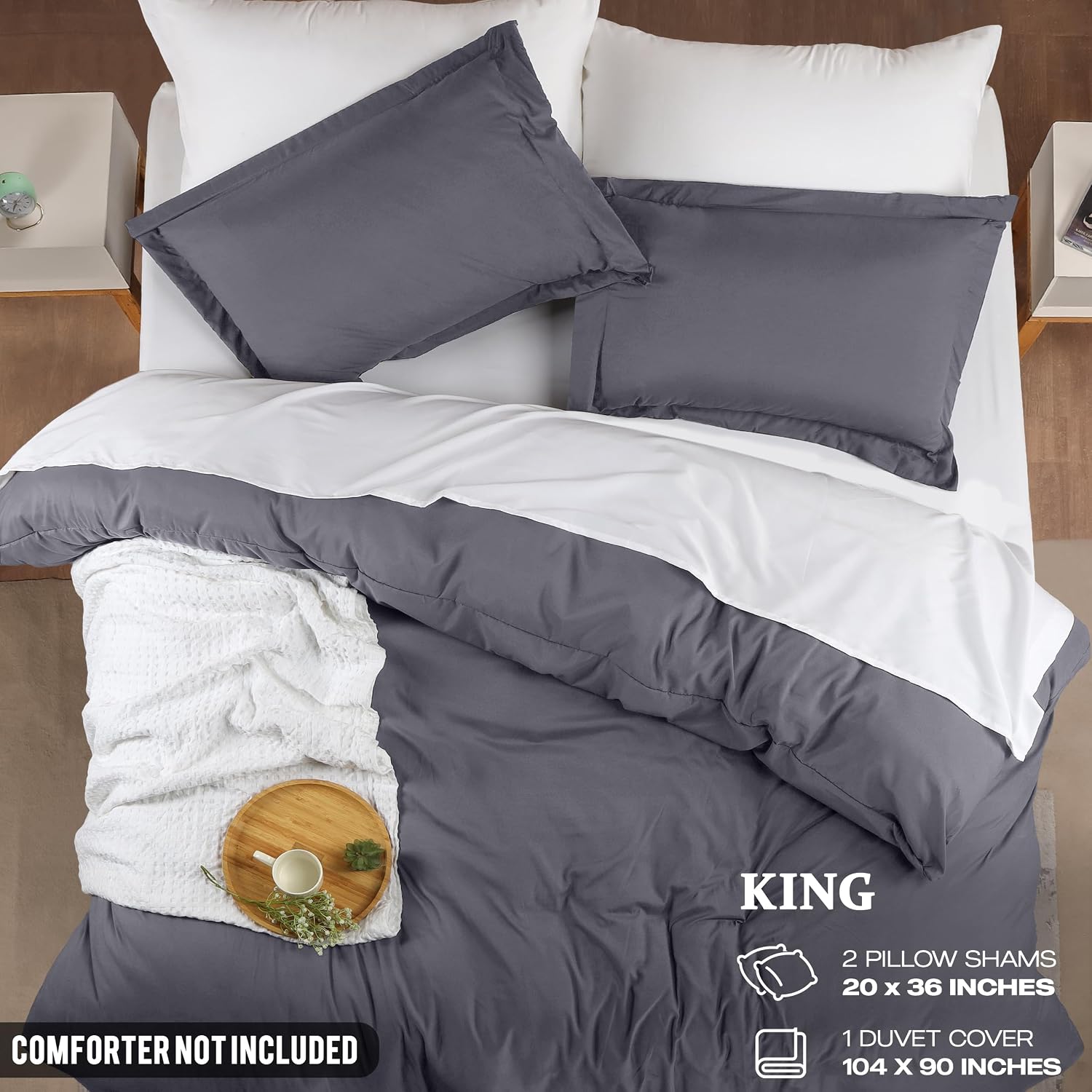 Duvet Cover King, 3 Piece Cotton Like Polyester with Zipper Closure, Grey