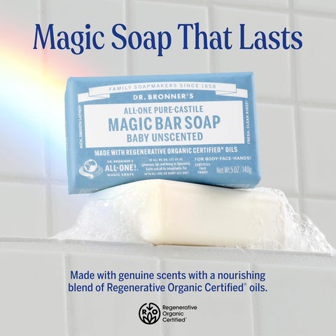 Dr. Bronner's - Pure-Castile Bar Soap (Baby Unscented, 5 ounce, 2-pack) - Made with Organic Oils, For Face, Body, Hair, Gentle for Sensitive Skin, Babies, No Added Fragrance, Biodegradable, Vegan