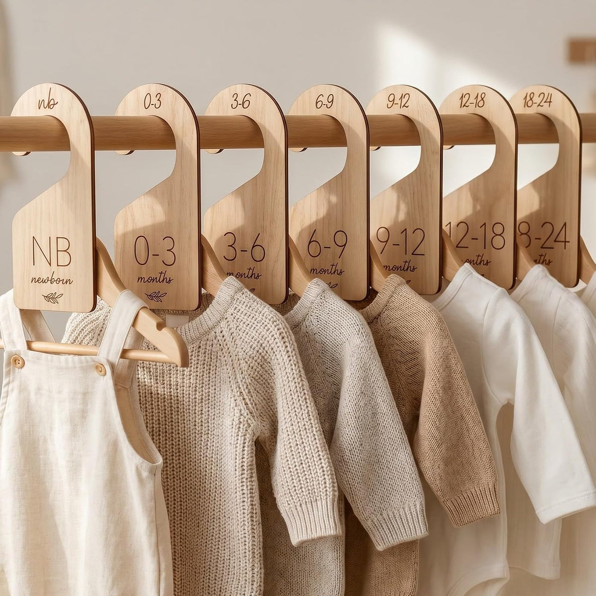 Beautiful Wooden Baby Closet Dividers Set of 7 - Newborn to 24 Months