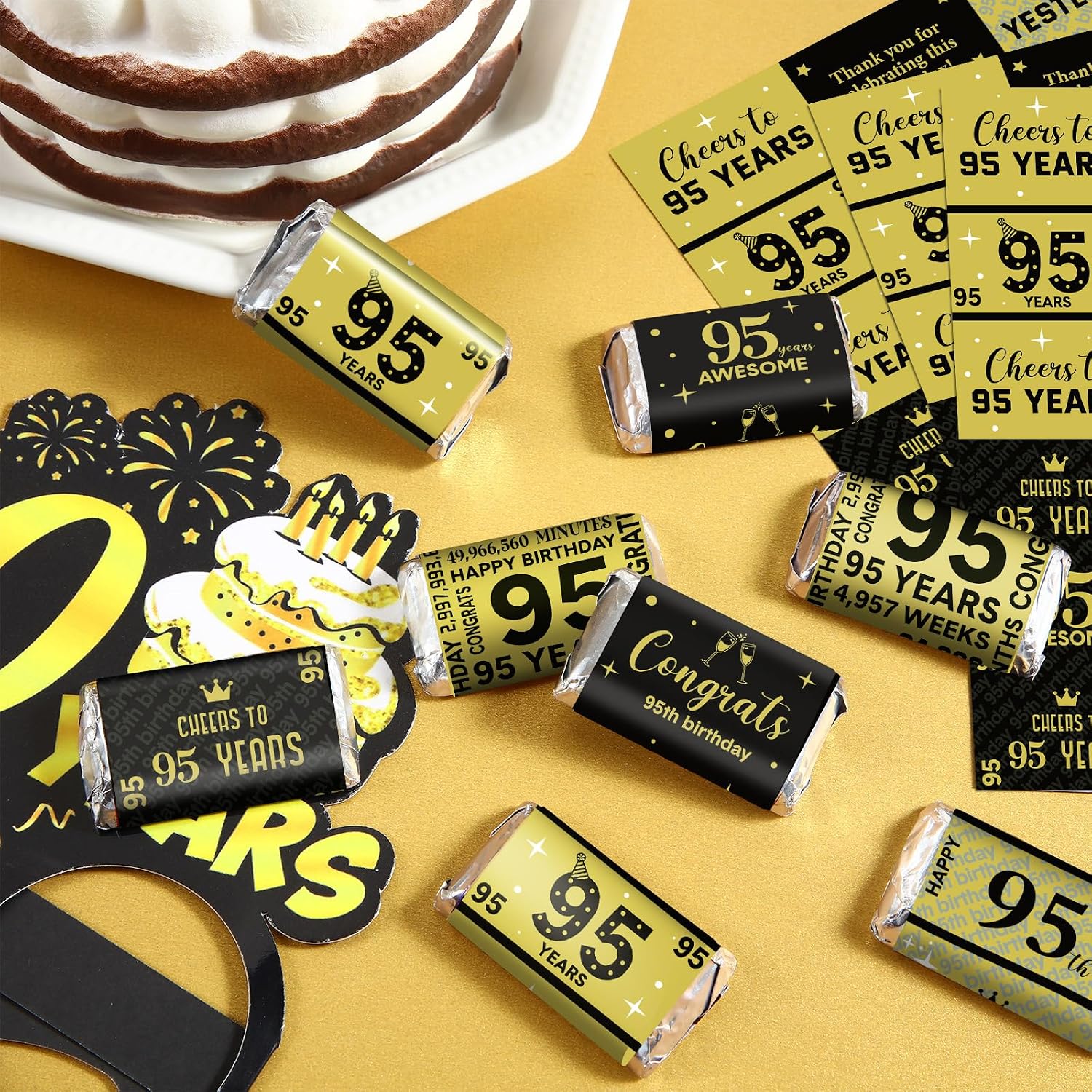 Tenare 90 Pcs 95th Birthday Candy Wrappers, Black and Gold Stickers