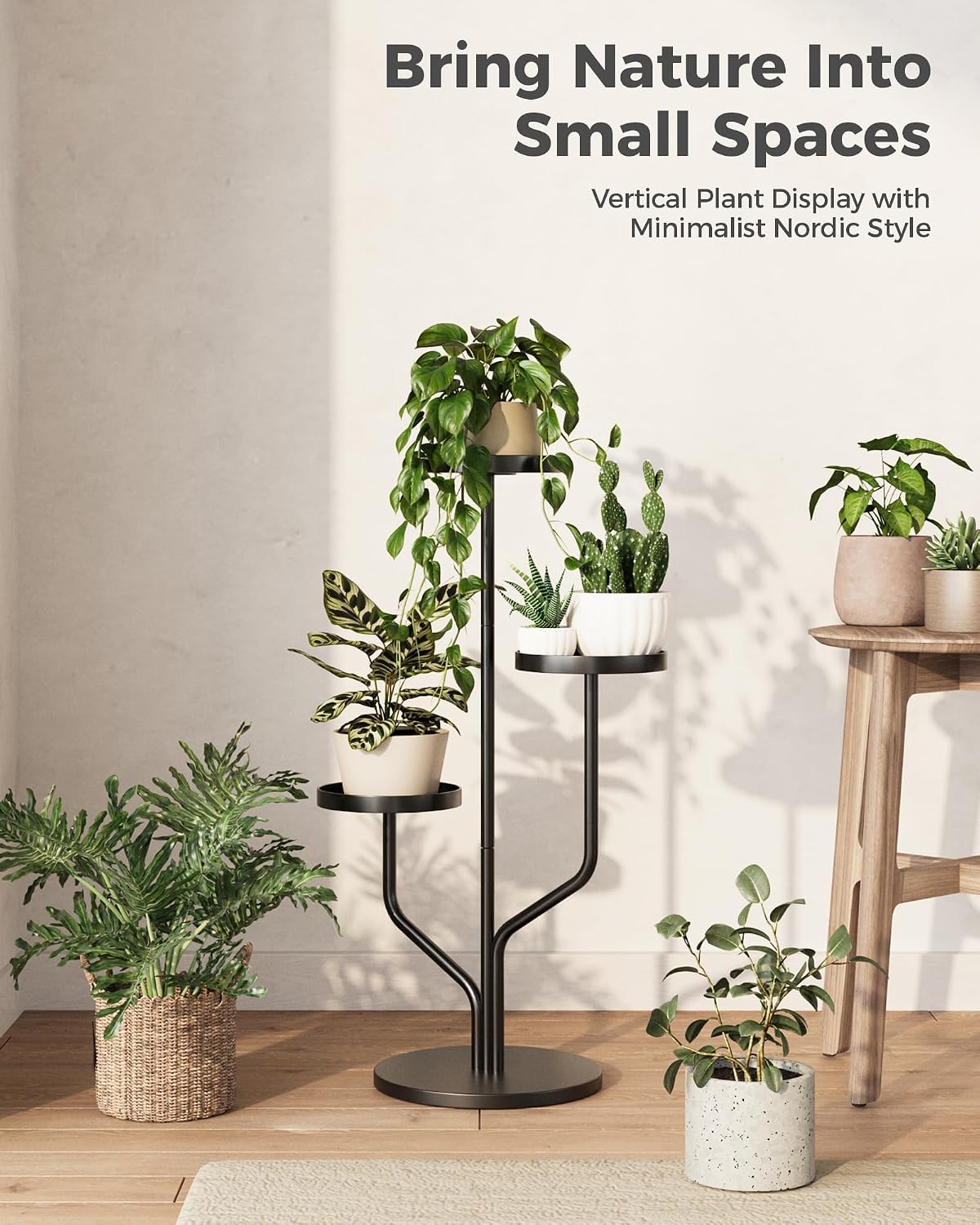 Bamworld 3 Tier Plant Stand Indoor Outdoor Metal Plant Shelf for Multiple Plants Pots Black