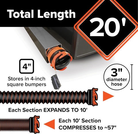 Camco RhinoEXTREME 20’ Camper/RV Sewer Hose - RV Accessories Include 360° Clear Swivel Wye Fitting & Removable 4-in-1 Adapter for Storage and Organization & More - TPE Tech for Durability (21056)