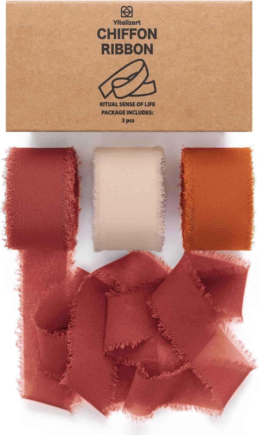 Vitalizart Terracotta & Orange Chiffon Silk Ribbon 1"x 21Yd Handmade Fringe