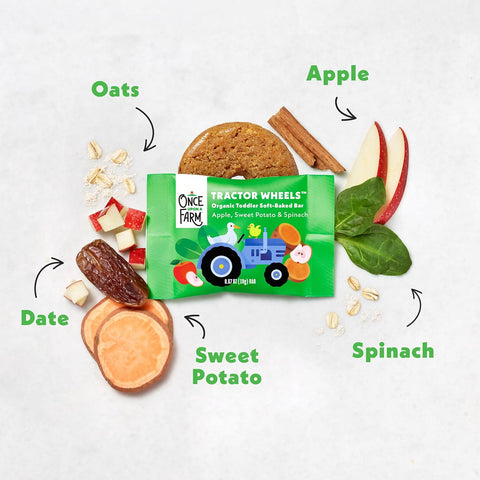 Once Upon A Farm Organic Toddler Soft Baked Bar, Apple, Sweet Potato and Spinach, Tractor Wheels Shaped, Non GMO, Kosher, 3.35 Ounces (Pack of 8)