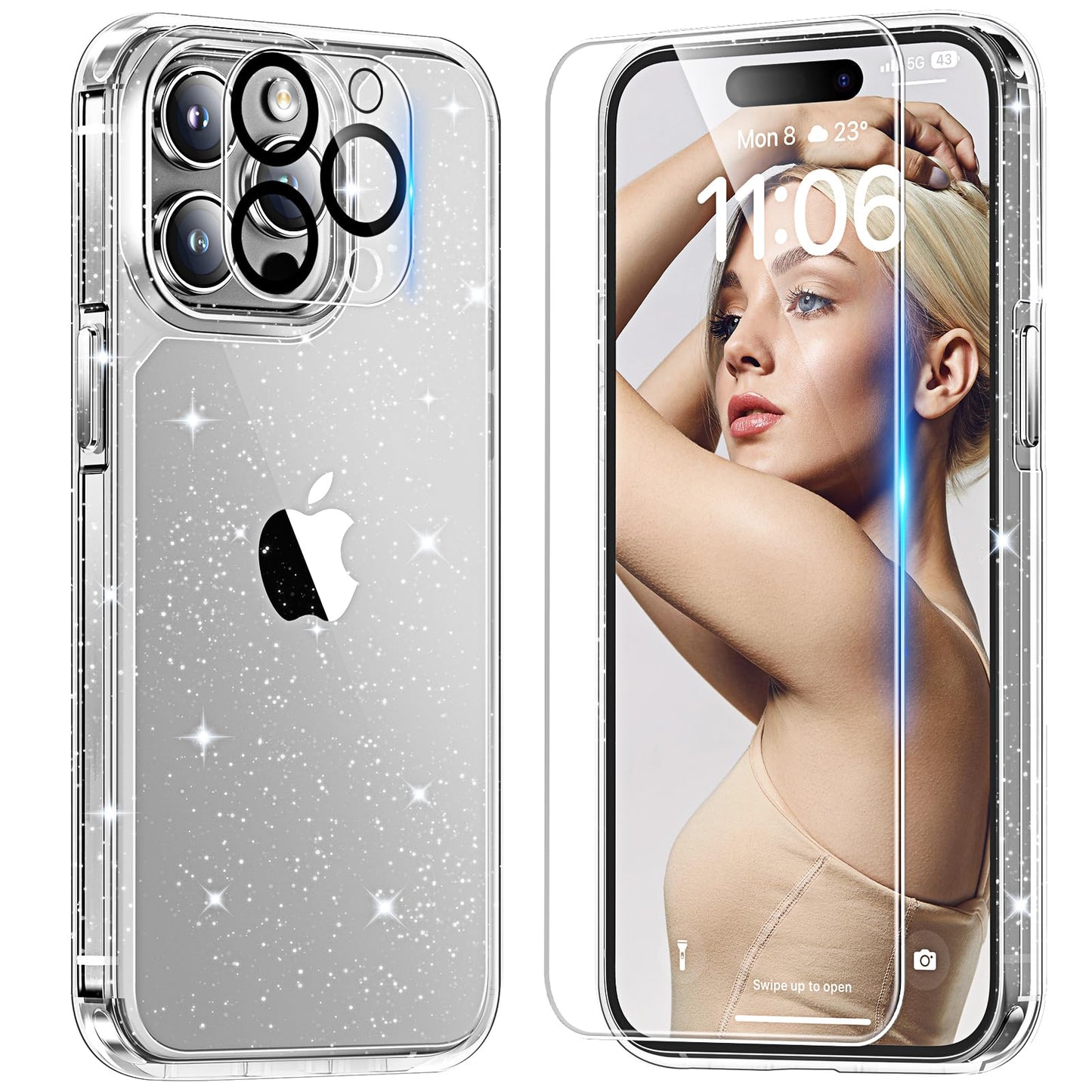 TAURI 5-in-1 for iPhone 15 Pro Case Glitter, [Not Yellowing] with 2X Screen Protector + 2X Camera Lens Protector, [Military Grade Drop Protection] Bling Cute Sparkly Phone Case, Glitter Clear