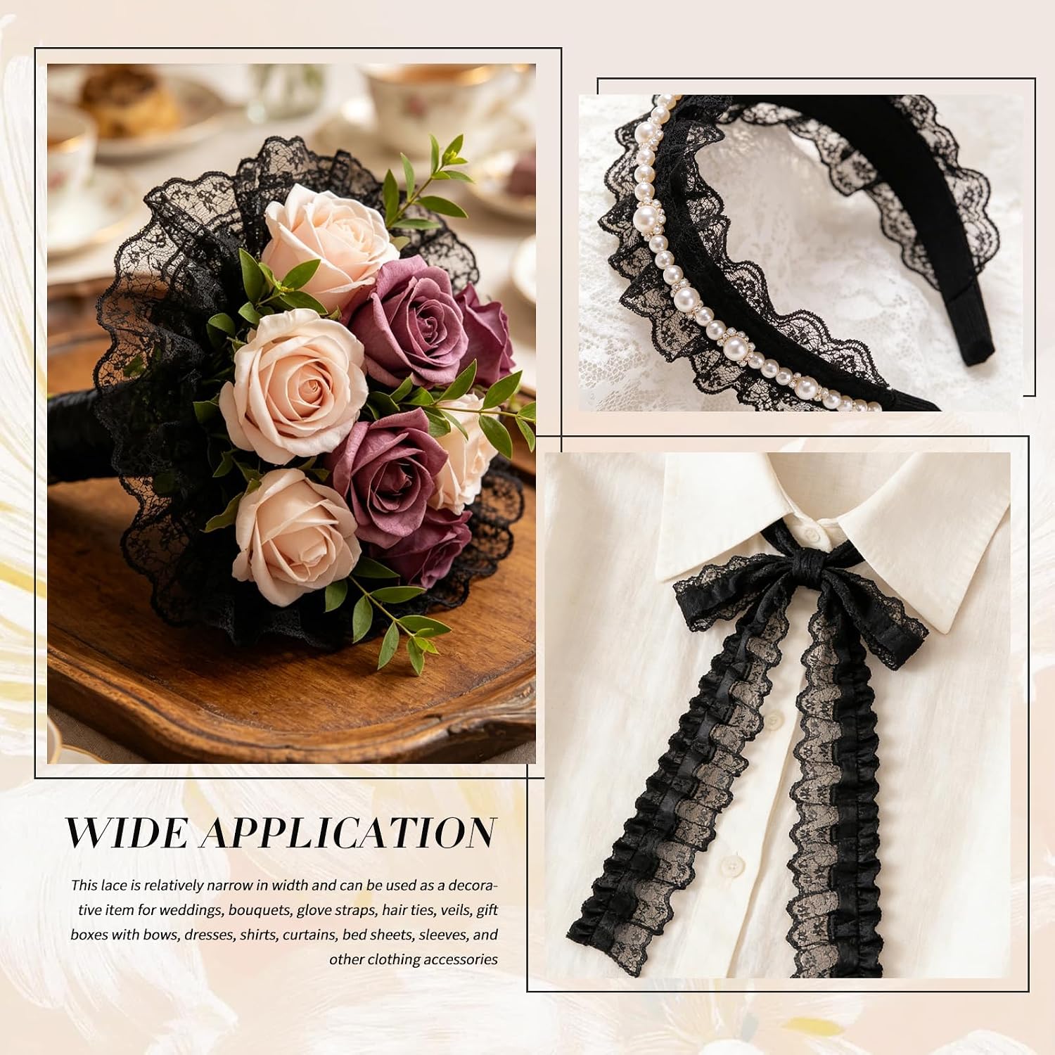 Lace Trim Ribbon, Ruffle Ribbon, 6-Yard Black Lace Ribbon,1.8 Inch Width Blacks Laces Trims, Delicate Floral Pattern Ribbons for Crafts Sewing and Dress Applique Decorations, Black