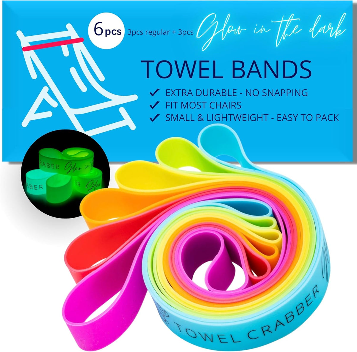 TOWEL CRABBER Towel Bands (6-Pack), Beach Pool & Cruise Chairs, Extra Durable, Cruise Ship & Beach Essentials, Alternative to Beach Towel Clips (3 Regular + 3 Glow in The Dark)
