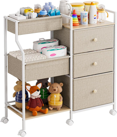 Modanais Baby Diaper Caddy Organizer Rolling Cart with Drawers, Off White
