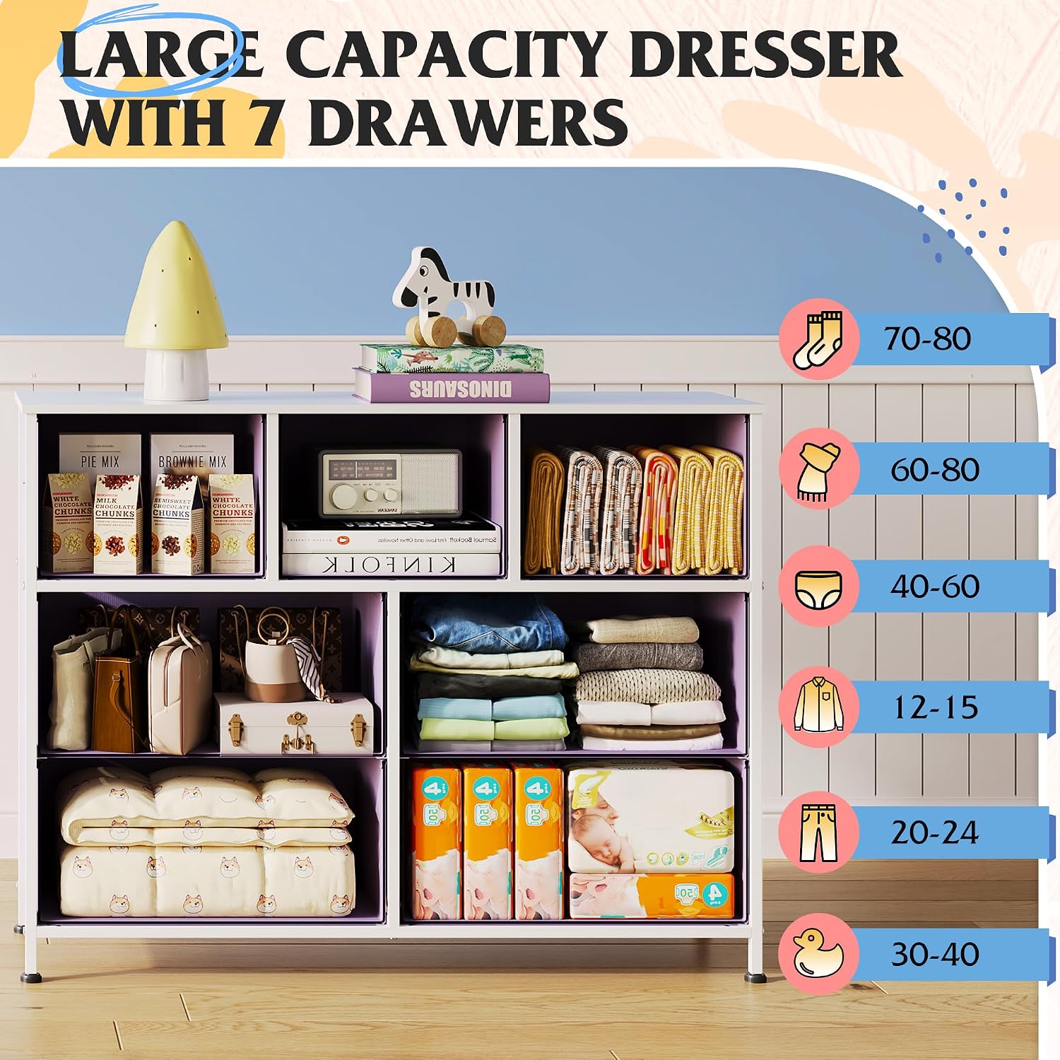 WLIVE Dresser for Bedroom, 7 Drawers, TV Stand, A-Pink