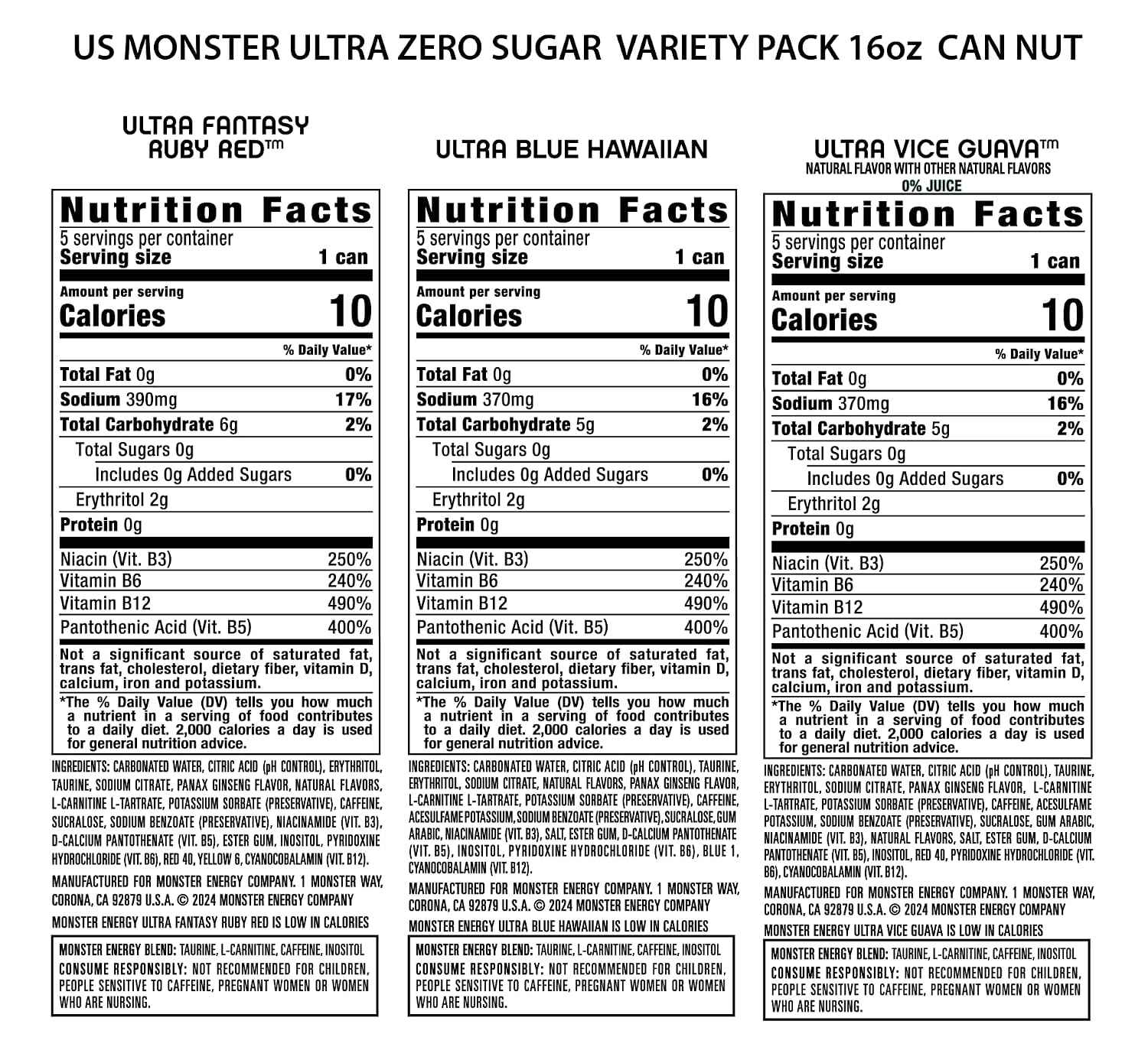 Monster Energy Ultra Variety Pack, Blue Hawaiian, Vice Guava, Fantasy Ruby Red, Sugar Free Energy Drink, 16 Ounce Can (Pack of 15)