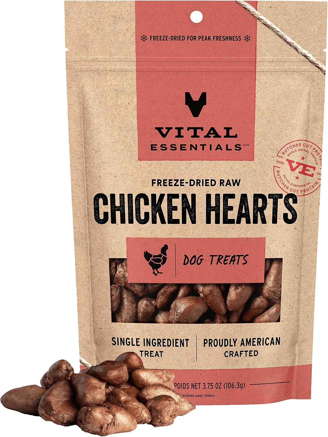 Vital Essentials Freeze Dried Raw Chicken Hearts Dog Treats, 3.75 oz Bag