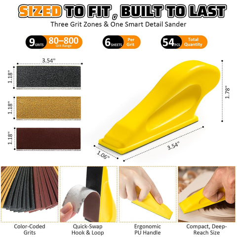 54PCS Premium Micro Sander, Detail & Mini Sander Block – Precision Small Hand Sanding Tool, 80–800 Grit Sandpaper Kit, 3-in-1 Set for Wood, Crafts, Furniture, Tight Spaces & DIY Projects