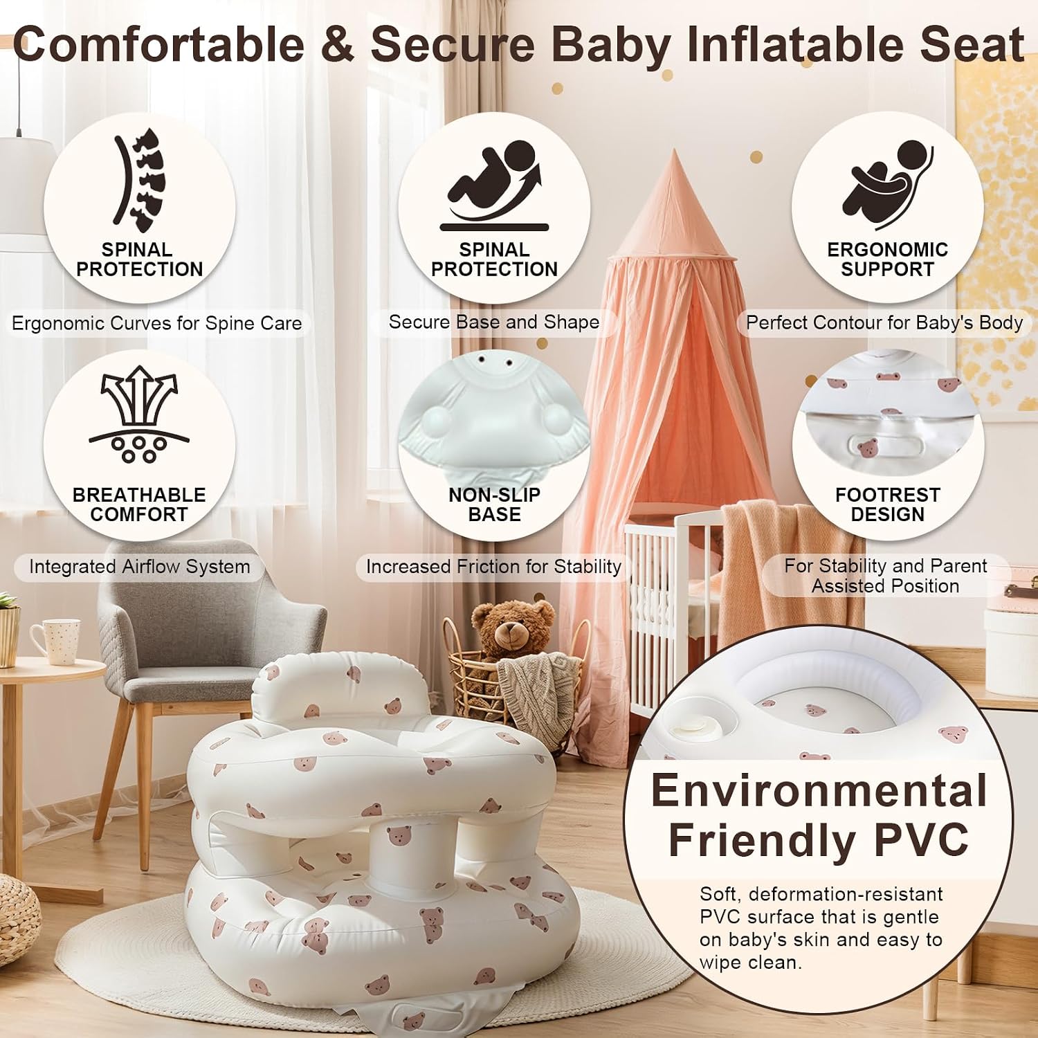 Inflatable Baby Seat with Built-in Pump and Back Support, Brown Bear Large