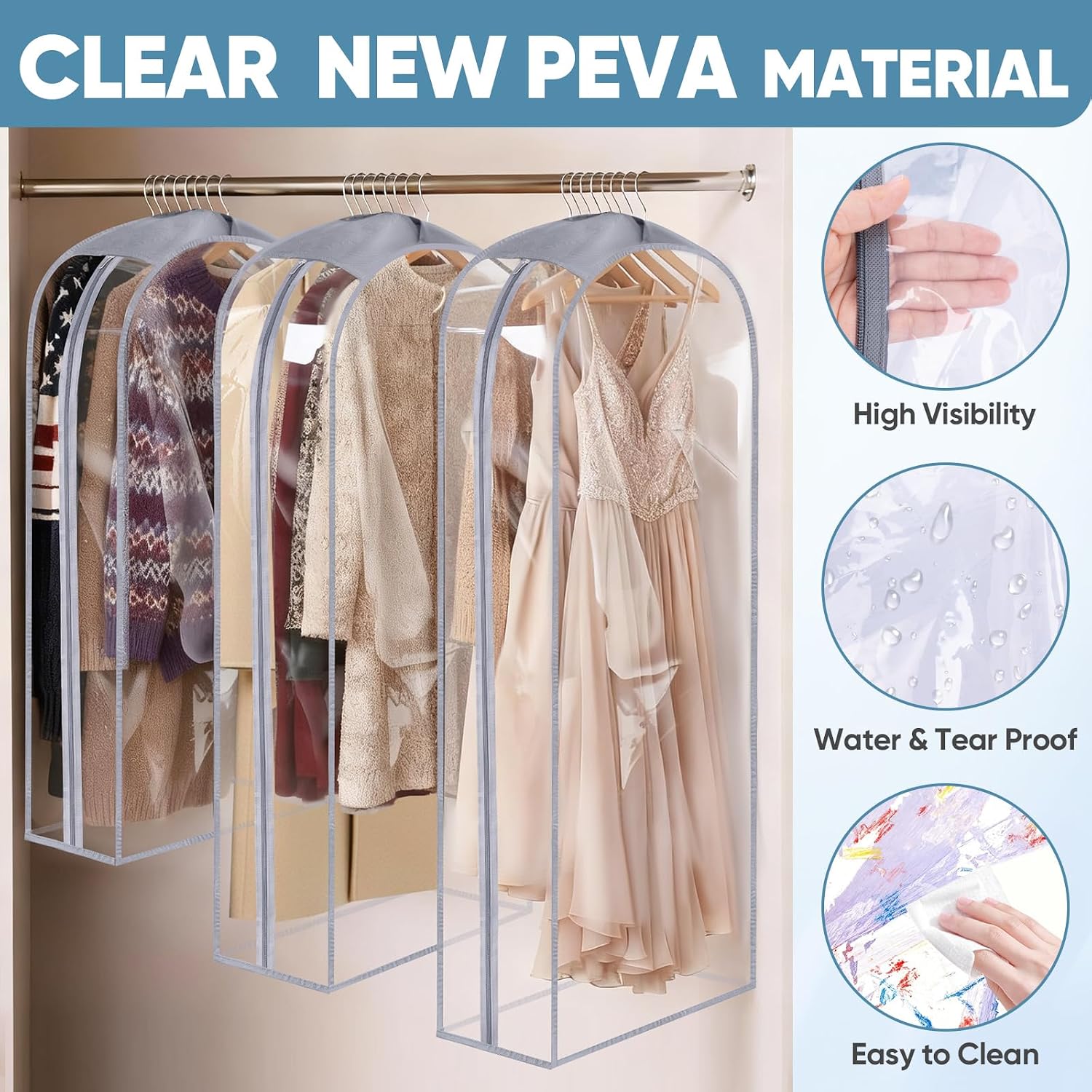 BALEINE 3PK Clear Garment Bags for Hanging Clothes, 48" Dress Suit Bag