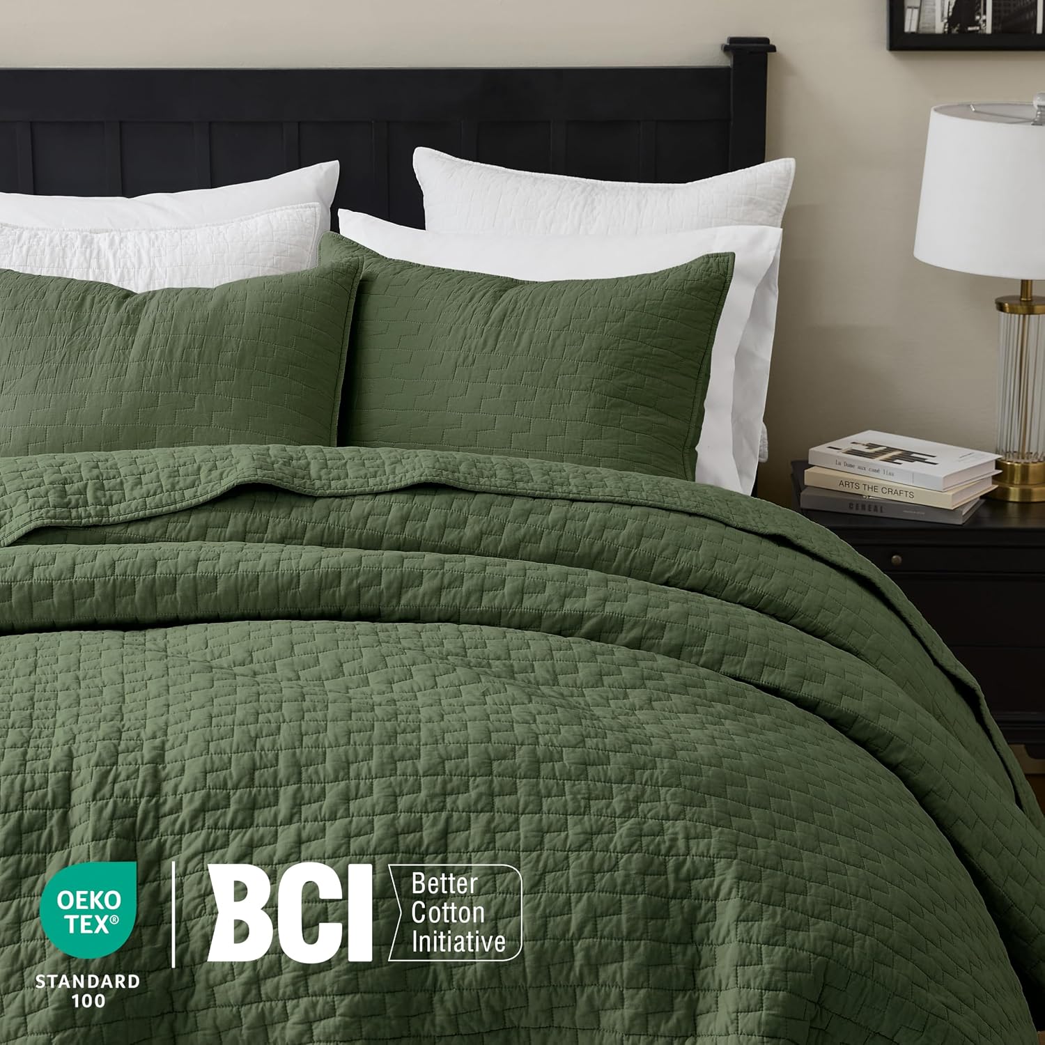 palassio Olive Green 100% Cotton Quilt King Size Bedding Sets with 2 Pillow Shams, Textured Lightweight Soft Bedspread Shabby Chic Coverlet, Quilted Comforter Bed Cover for All Season, 3 Pieces