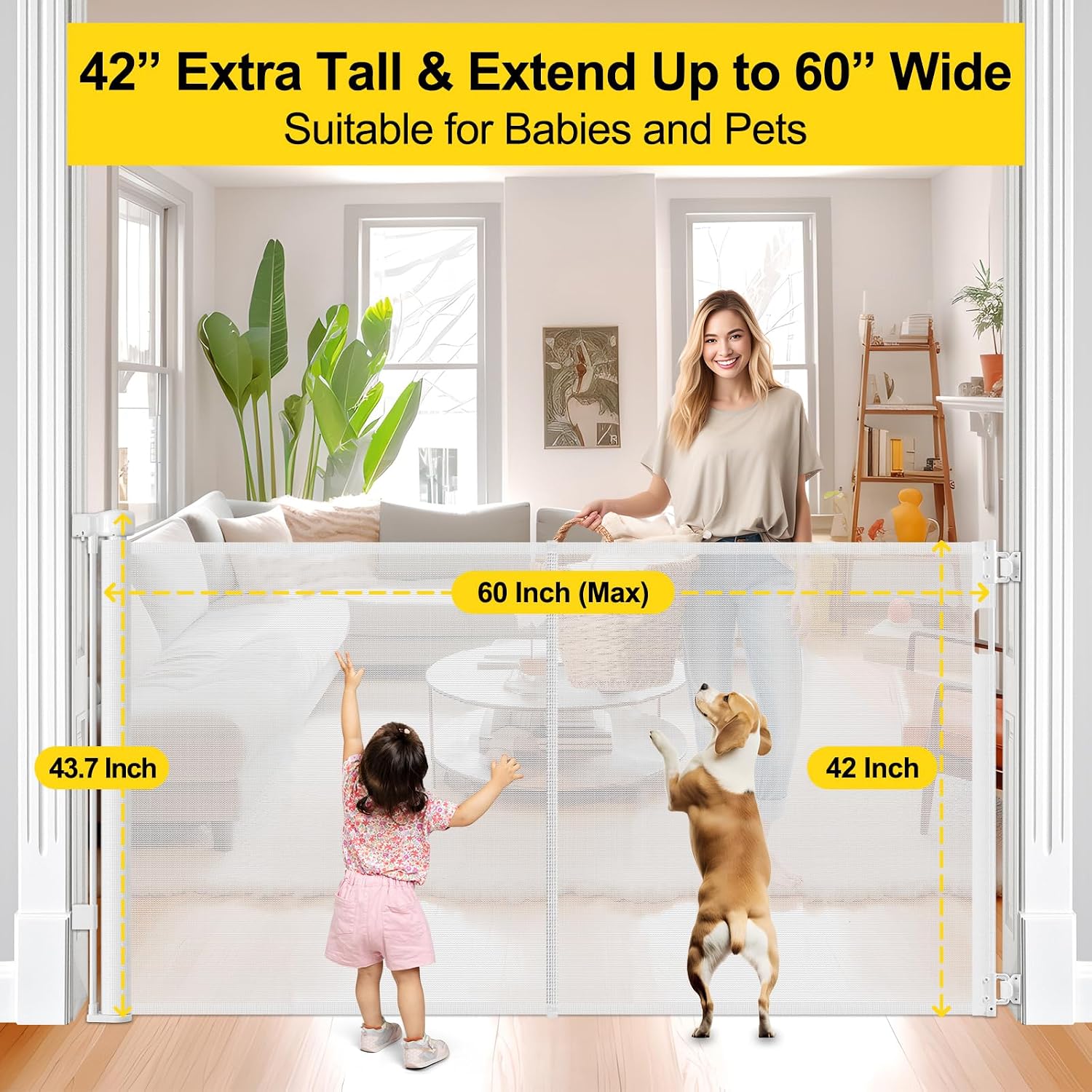 Reinforced 42" Extra Tall Retractable Baby Gates, Extends up to 60" Wide