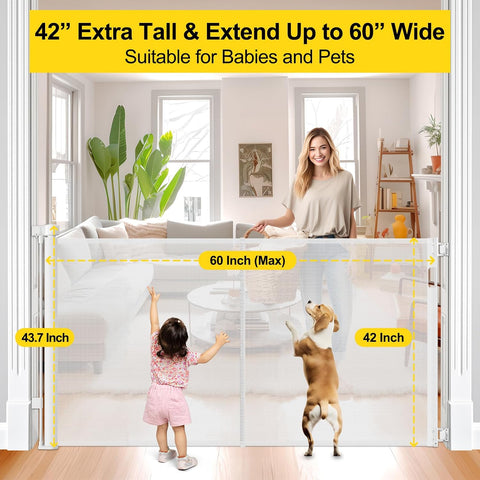 Reinforced 42" Extra Tall Retractable Baby Gates, Extends up to 60" Wide