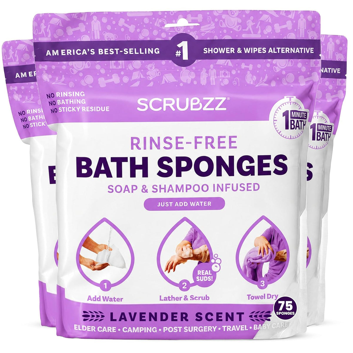 Scrubzz Disposable No Rinse Bathing Wipes - All-in-1 Single Use Shower Wipes, Simply Dampen, Lather, and Dry Without Shampoo or Rinsing (Lavender, 3-Pack)