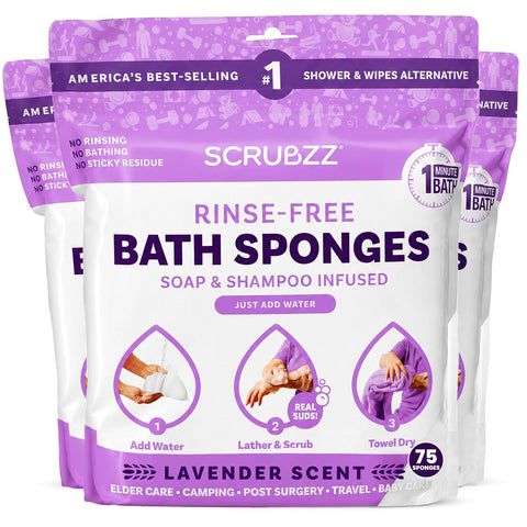 Scrubzz Disposable No Rinse Bathing Wipes - All-in-1 Single Use Shower Wipes, Simply Dampen, Lather, and Dry Without Shampoo or Rinsing (Lavender, 3-Pack)
