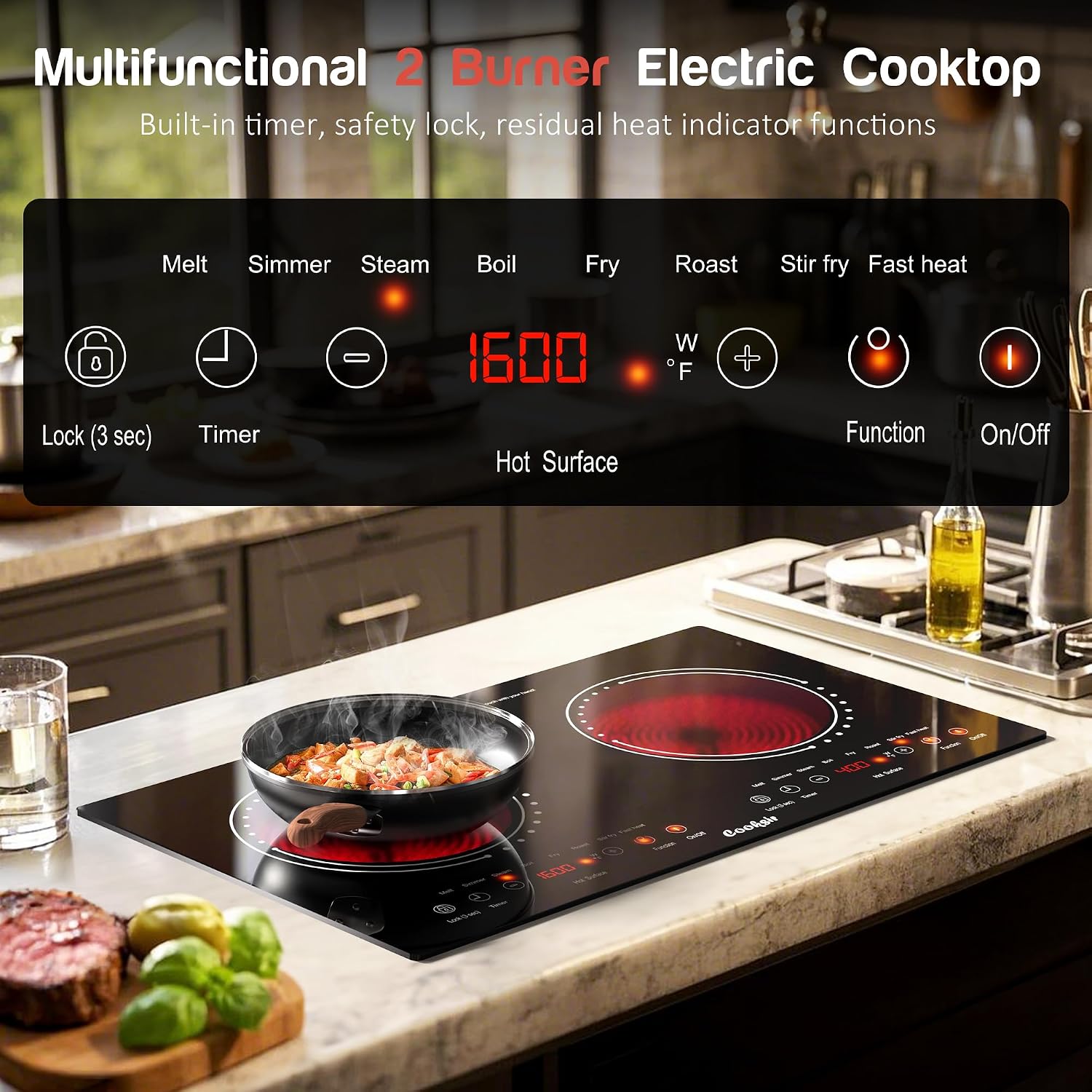 2 Burner Electric Cooktop Total Shard Power 2000W 110v